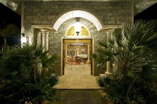 Entry courtyard with landscape lighting